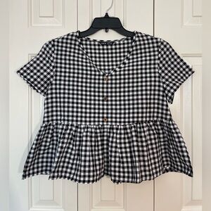 SHEIN Black and White Gingham Peplum Button-Front Blouse - size M, Like New
